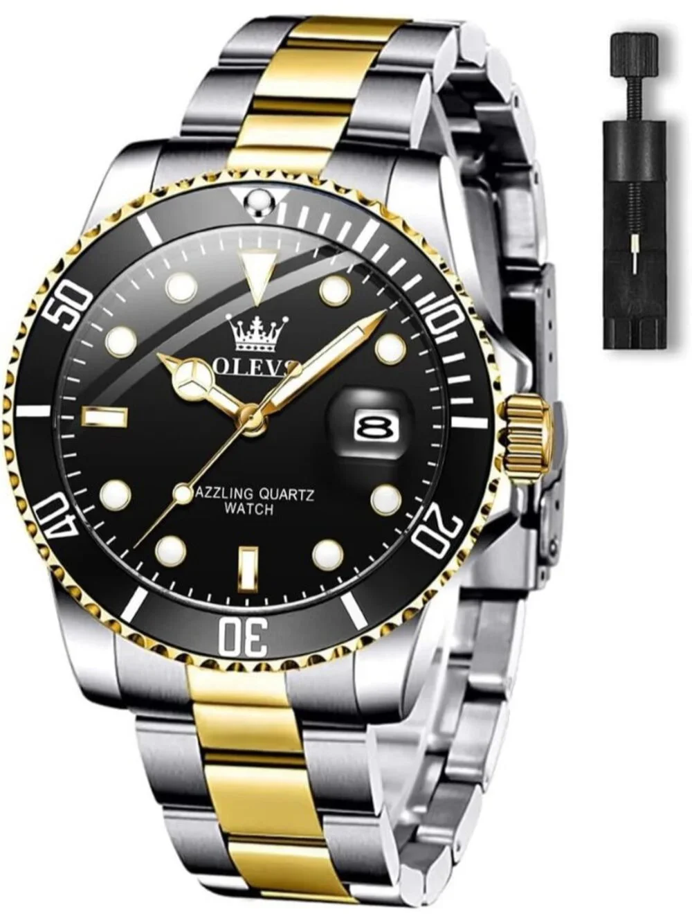 Mens Black Premium Gold and Silver Stainless Analog Rotatable Bezel Steel Watch
